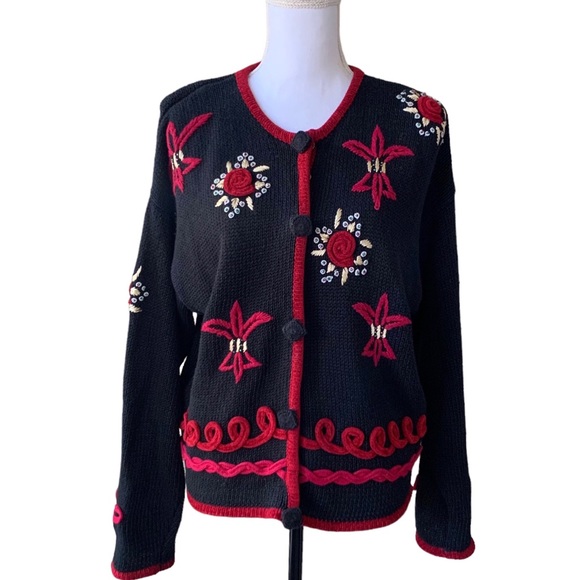 VINTAGE AMANDA SMITH EMBROIDERED EMBELLISHED FLORAL CARDIGAN SWEATER - Picture 1 of 16